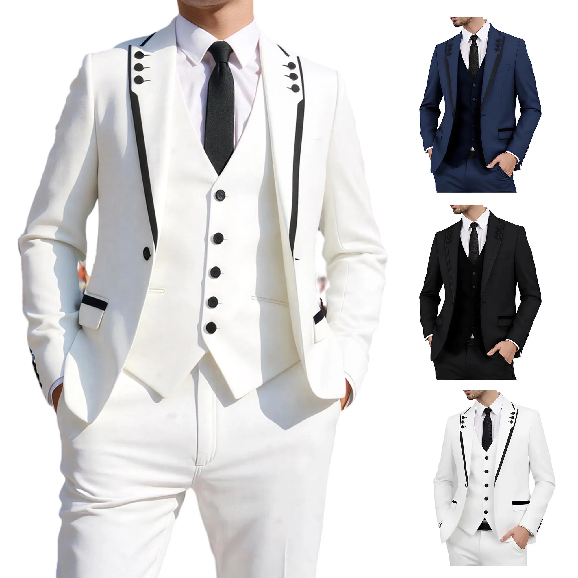 Men’s 3-Piece Slim Fit Tuxedo Suit - Man Style Formal Menswear, Long Sleeve Contrast Trim Jacket, Decorative Button Vest, Trouser Set for Wedding, Prom, Party, Work, Vintage, Fitted, Accent Buttons Men's Suits