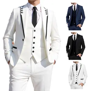 Men’s 3-Piece Slim Fit Tuxedo Suit, Decorative Button Design, Contrast Trim Blazer with Vest & Pants, Formal Outfit for Wedding, Prom & Parties