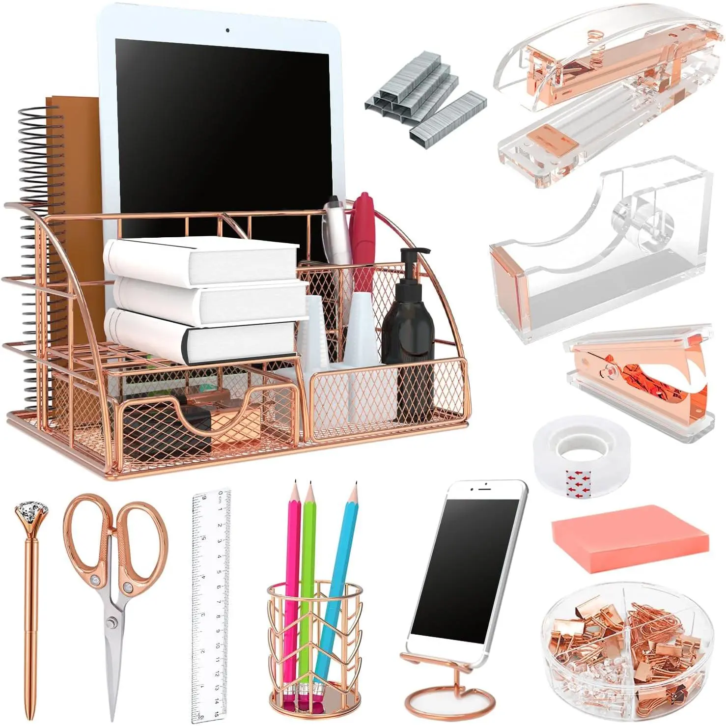 Rose Gold 13-Pieces Metal Mesh Space Saver Desk Organizer Set with Acrylic Stapler, Staple Remover, Clips, Scissors, Phone Holder, Pens, Pen Holder for Laptops/Tablets : Office Accessories