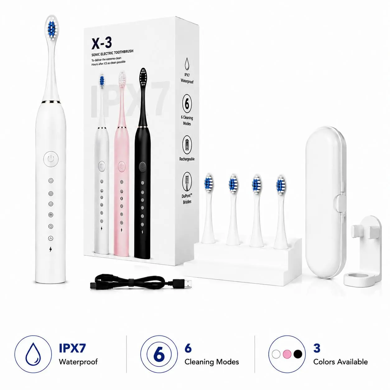 Sonic Electric Toothbrush with Travel Case, 6 Cleaning Modes Rechargeable Toothbrush, IPX7 Waterproof, 4 Brush Heads & Stand Included, Halloween Christmas Gift for Men Women