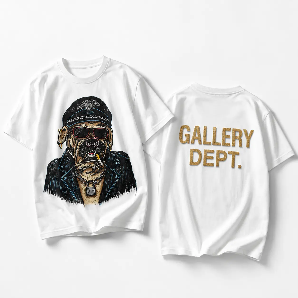 Gallery Dept Punk Bulldog T-Shirt, Biker Animal Statement Graphic, Oversized Back Logo Urban Streetwear Top