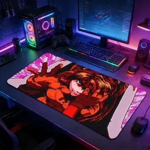 Fiery Red Anime Character Large Gaming Mouse Pad, Non-Slip Rubber Base Stitched Edge Desk Mat, Vibrant Retro Anime Style Design, Durable Accessory for Gaming & Office Setup, Perfect Gift for Anime Fans & Gamers