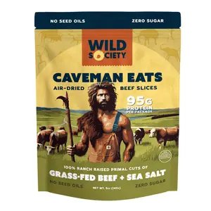 Wild Society Caveman Eats Air-Dried Beef Slices 95g Protein | Grass-Fed Beef Crisps, Zero Sugar Carnivore Snack, Sea Salt, Keto, Paleo, US Made