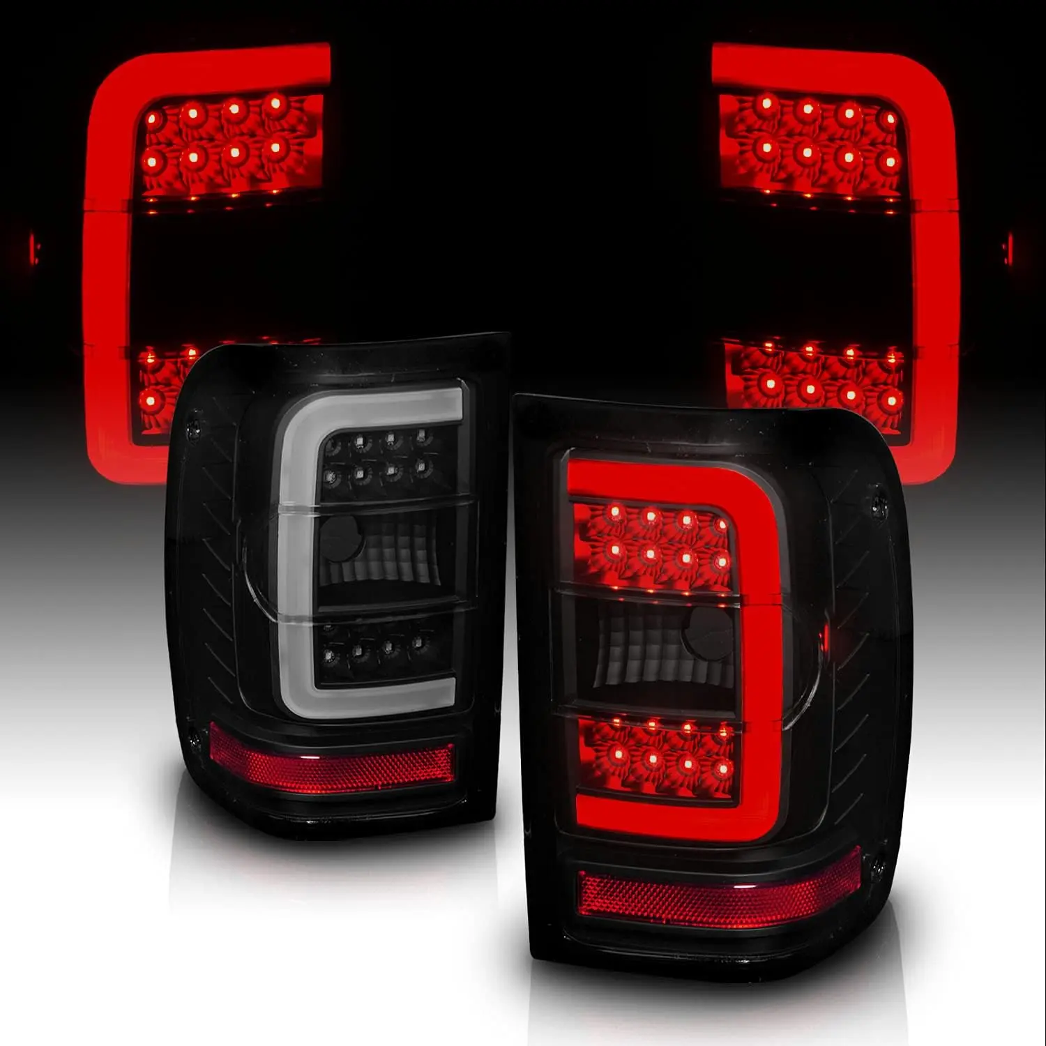 AmeriLite for 2001-2011 Ford Ranger C-Type LED Tube Dark Black Replacement Brake Tail Lights - Passenger and Driver Side