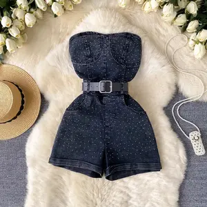 Women Denim one pieces Summer Playsuit Fashion Drill High Waist Slim Sleeveless Strapless Sashes Outfits Fabric Jumpsuit