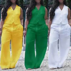 2025Pants Set Women Two Piece Sets V Neck Sleeveless White Vests Tops Wide Leg Long Pants High Waist Casual Loose Y2k Streetwear Clothes Womenswear