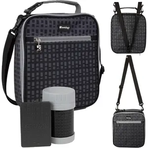 Bentology Complete Black Checker Lunch Box Tote Kit - Insulated Sleeve w Convertible Backpack Strap for Kids, 13oz Food Jar & Reusable Hard Ice Pack