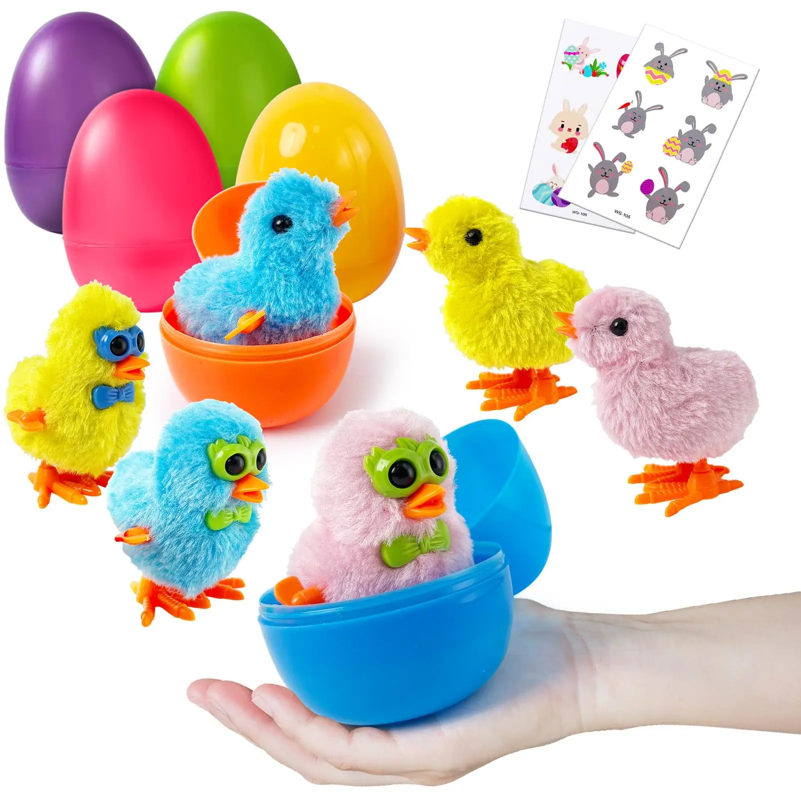 Large Surprise Eggs Filled 6 Pack Easter Eggs with Wind-Up Jumping Chics and Animal Stickers, Colorful Pre Plastic Easter Eggs for Kids Easter Basket Gifts Easter Basket Stuffers Fillers