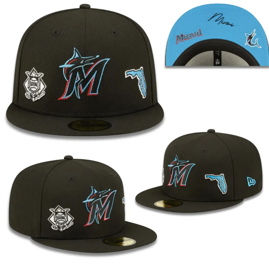 New Era 59FIFTY Miami Marlins Fitted Baseball Cap – Black Flat Bill Hat with Multicolor Marlins Logo, Florida 1993 Side Patch, Light Blue Undervisor & MLB Streetwear Headwear