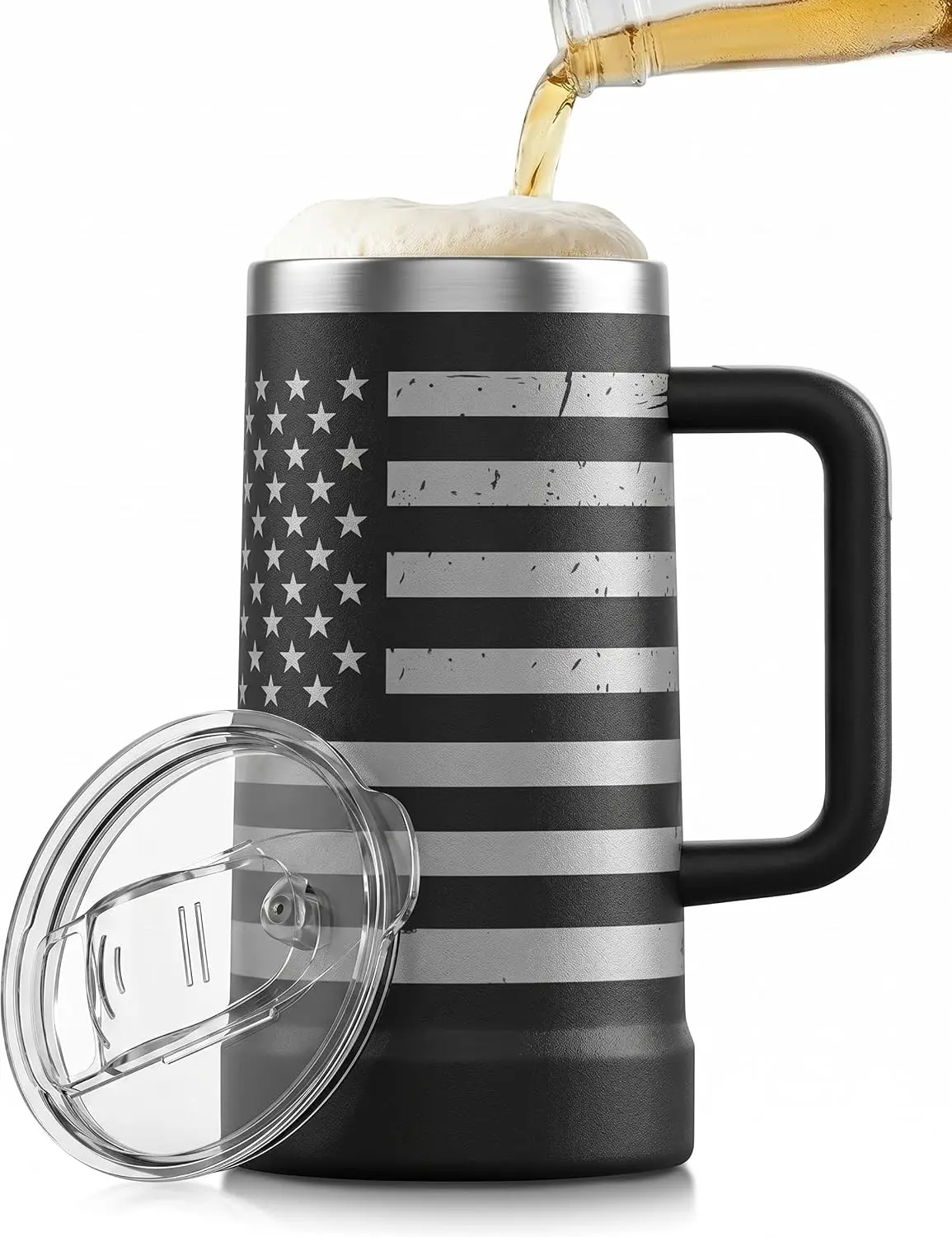 24 oz Insulated Beer Mug with Lid Ceramic Lined Stainless Steel Triple-Wall Vacuum Insulated Beer Stein Keeps Beer Ice Cold Large Capacity Leakproof Tritan Lid Silicone Bottom