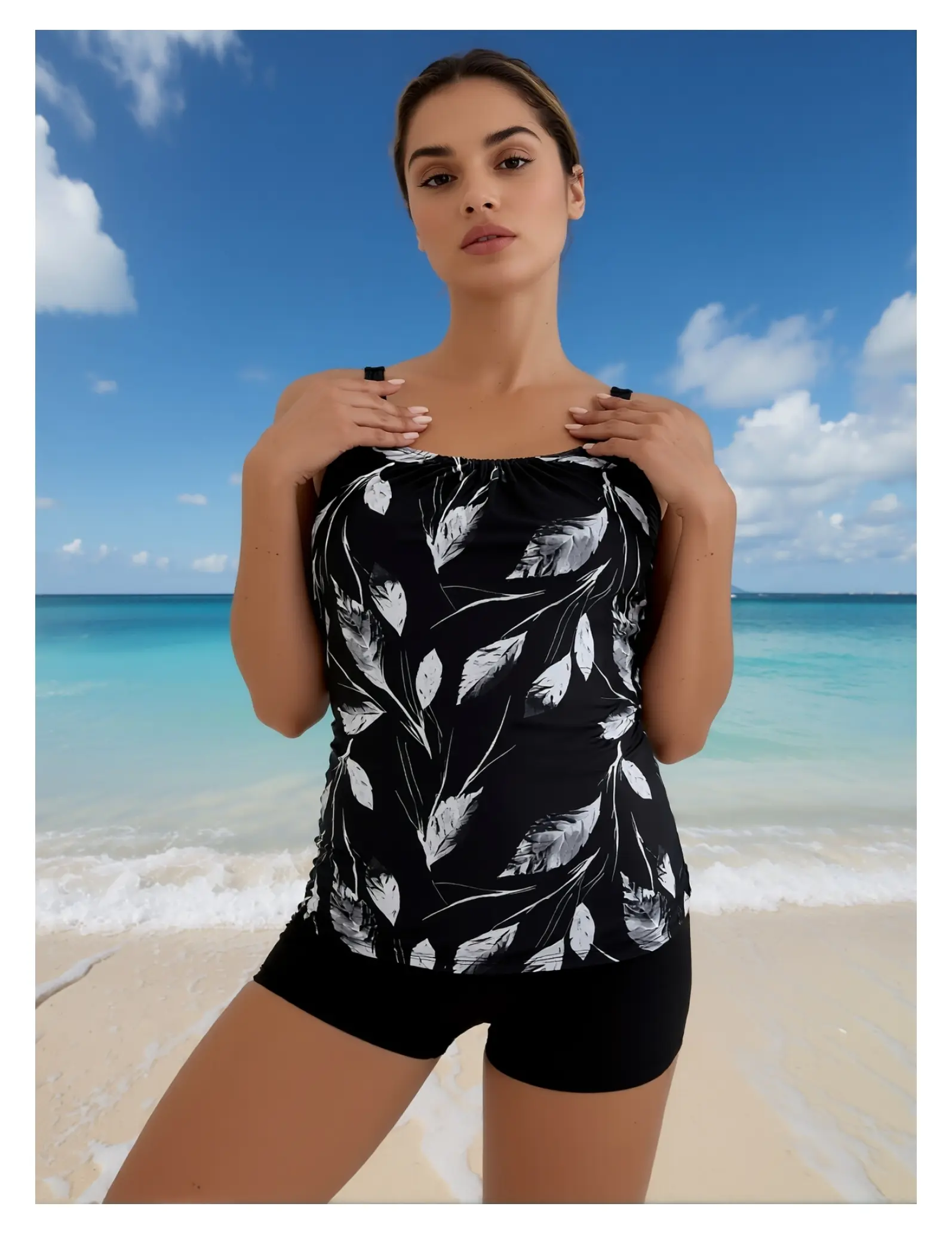 Tankini Swimsuit for Women Feather Print - Black & White One Shoulder Bathing Suit - Conservative Two Piece Swimwear Short Sleeve Beachwear