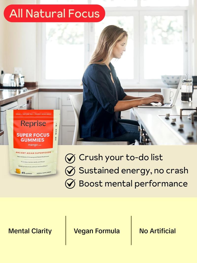Super Focus Gummies for Adults | American & Korean Ginseng with Reishi Mushroom extracts | All Natural Gummies for Focus, Mood, and Energy | Mango Flavored | 45 Count