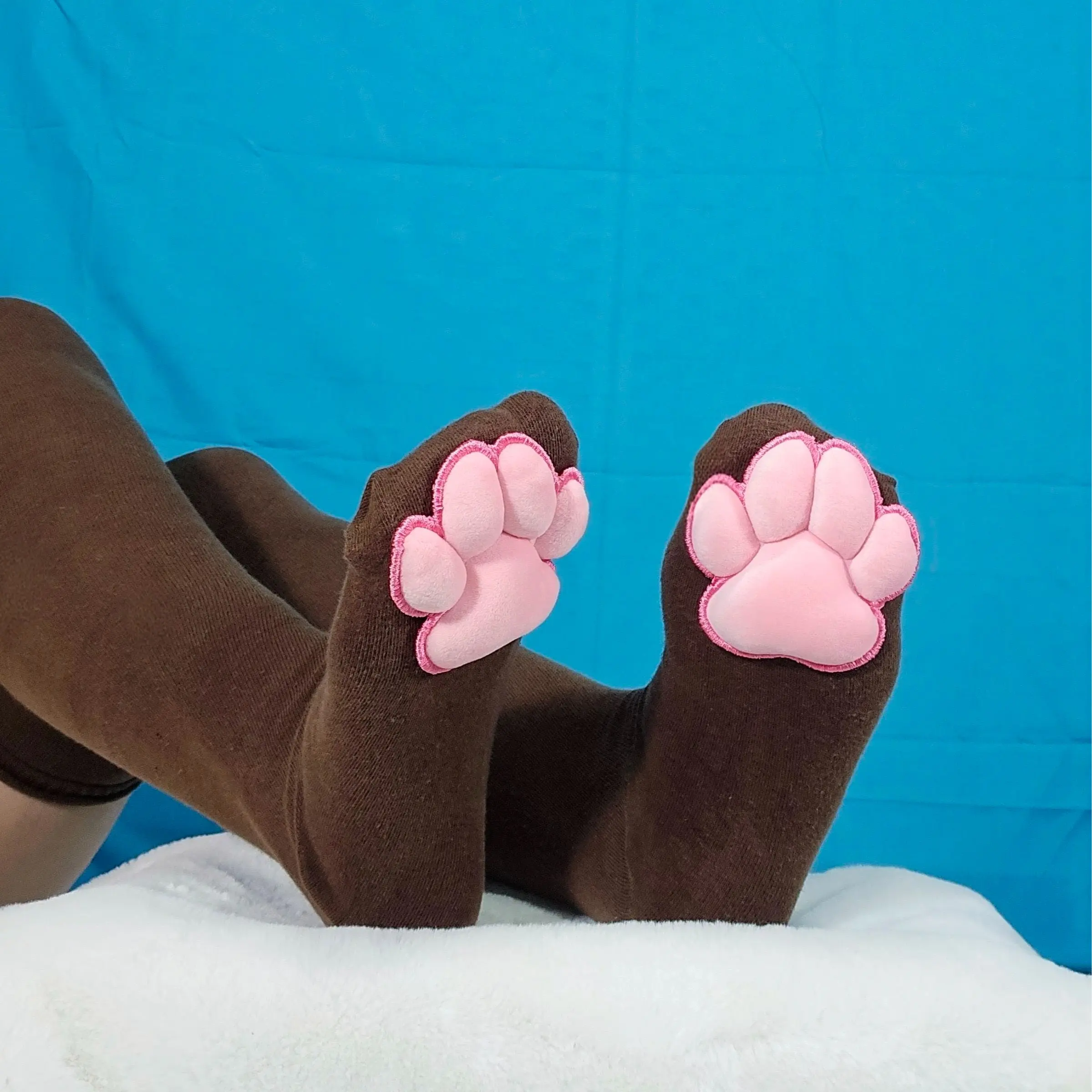 Pink Mochi Stuffed Plush Paw Pad Beans on Brown Thigh High Stockings