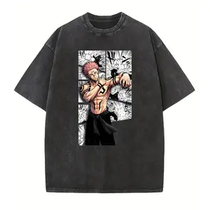 Vintage Washed Sukuna T-Shirt Jujutsu Kaisen Anime Shirt for Men Women Teens Classic Oversized Fit High-Quality Cotton Manga Print Streetwear Top - Menswear