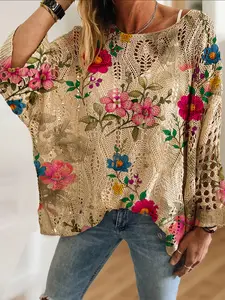 Spring Summer Women's Off-Shoulder Batwing Sleeve Knit Top with Floral Print, Lightweight Breathable Long Sleeve, Casual Chic Elegant Beachwear, Womenswear