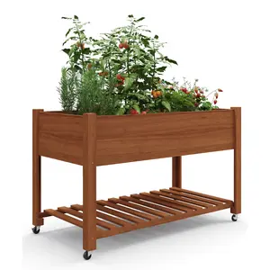 Raised Wooden Planter Box on Wheels, Elevated Garden Bed with Support Legs & Storage Shelf, Ideal for Growing Veggies and Flowers on Patio & Backyard