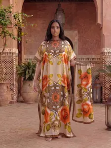 Women's Casual Fashion Warm Rose Print Robe Set, Long Sleeve Cape Dress with Sun Protection Scarf Shawl, Beachwear Ensemble
