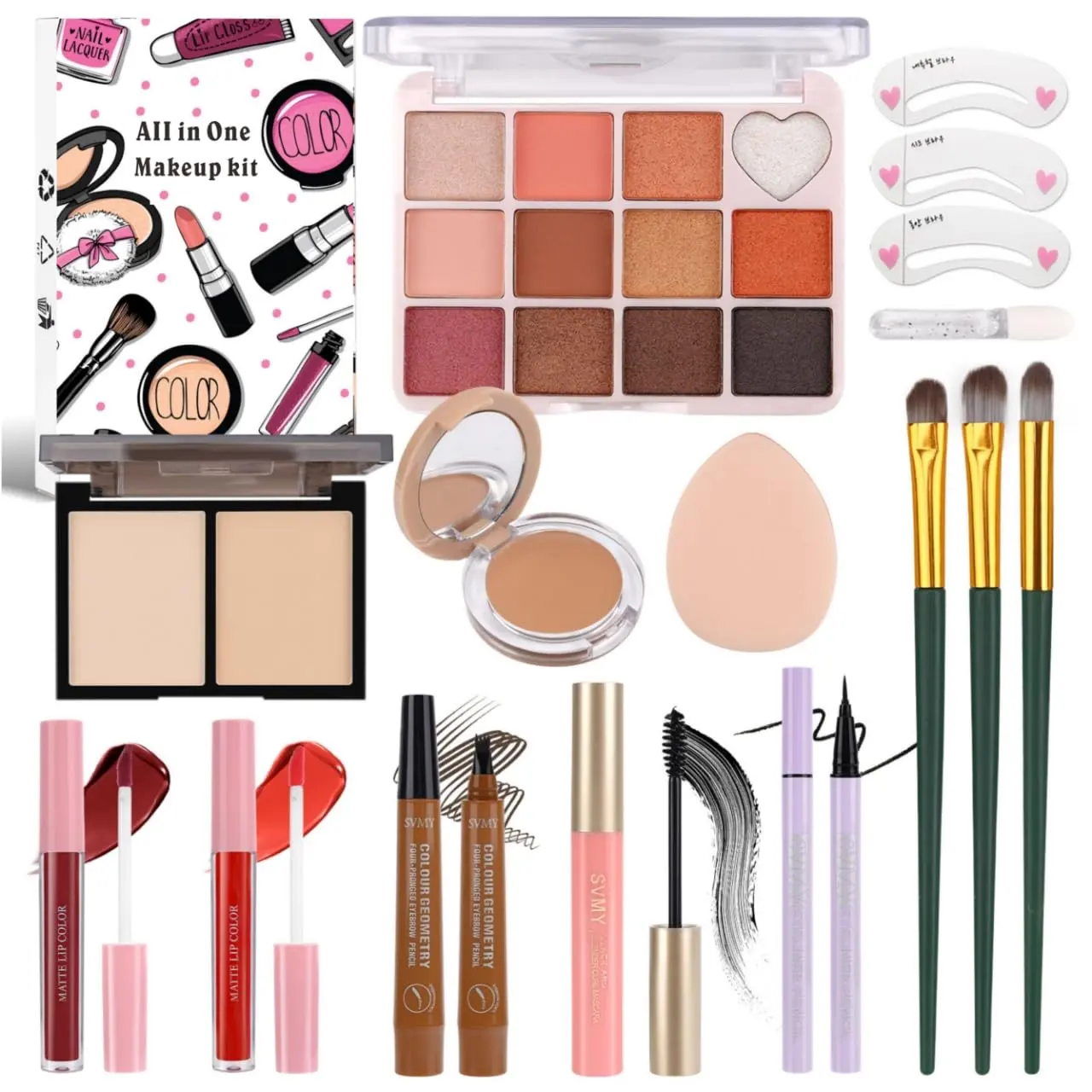 Women's 1-in-1 Makeup Kit for Beginners & Teens, Complete Beauty Set with Eyeshadow Palette, Foundation, Concealer, Lip Gloss, Face Powder