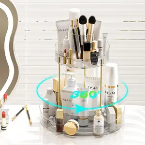 Rotating Makeup Organizer Bathroom Storage: 360 Spinning Large Capacity Clear Cosmetic Acrylic with Brush Holder Perfume Tray - Make Up Skincare Shelf for Vanity Bathroom Countertop Dresser Bedroom