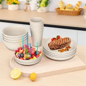 48 Pcs Wheat Straw Dinnerware Sets For 4, Unbreakable Dinnerware Sets, Reusable Wheat Straw Plates and Bowls Sets, Travel Camping Cutlery Set, Dishwasher Microwave Safe Dinnerware, Beige