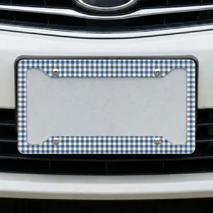 Cute Retro Navy Blue Gingham Plaid Pattern License Plate Frame