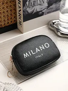 A mini clutch bag with the letter pattern "Milano", a short zip coin purse, cute and multi-functional, can hold headphones, change, and keys, a multi-functional storage bag that can store car keys, jewelry, headphones and other items,