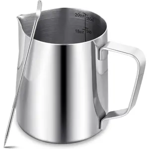 Milk Frothing Pitcher,Milk Steaming Frother Cup,Barista Cappuccino Latte Art Milk Jug with Decorating Pen,Stainless Steel Espresso Coffee Bar Accessories Tools (, 20oz)