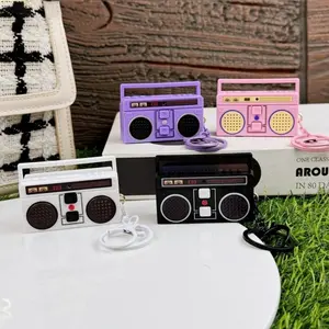 2-Pcs Nostalgic Mini Radio Recorder Keychain Set Retro-Design Funny Bag Ornaments Stretchy Scrunchie Lanyard Retractable Heart Clip for Daily Use Gifts Teacher Appreciation Makeup Pouch & Bracelets