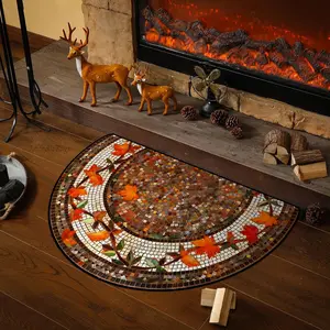 Half Round Fireplace Area Rug, Autumn Maple Leaf Plant Carpet, Mosaic Design Vintage Bohemian Style, Pet Friendly Non-Slip Soft Washable Mat