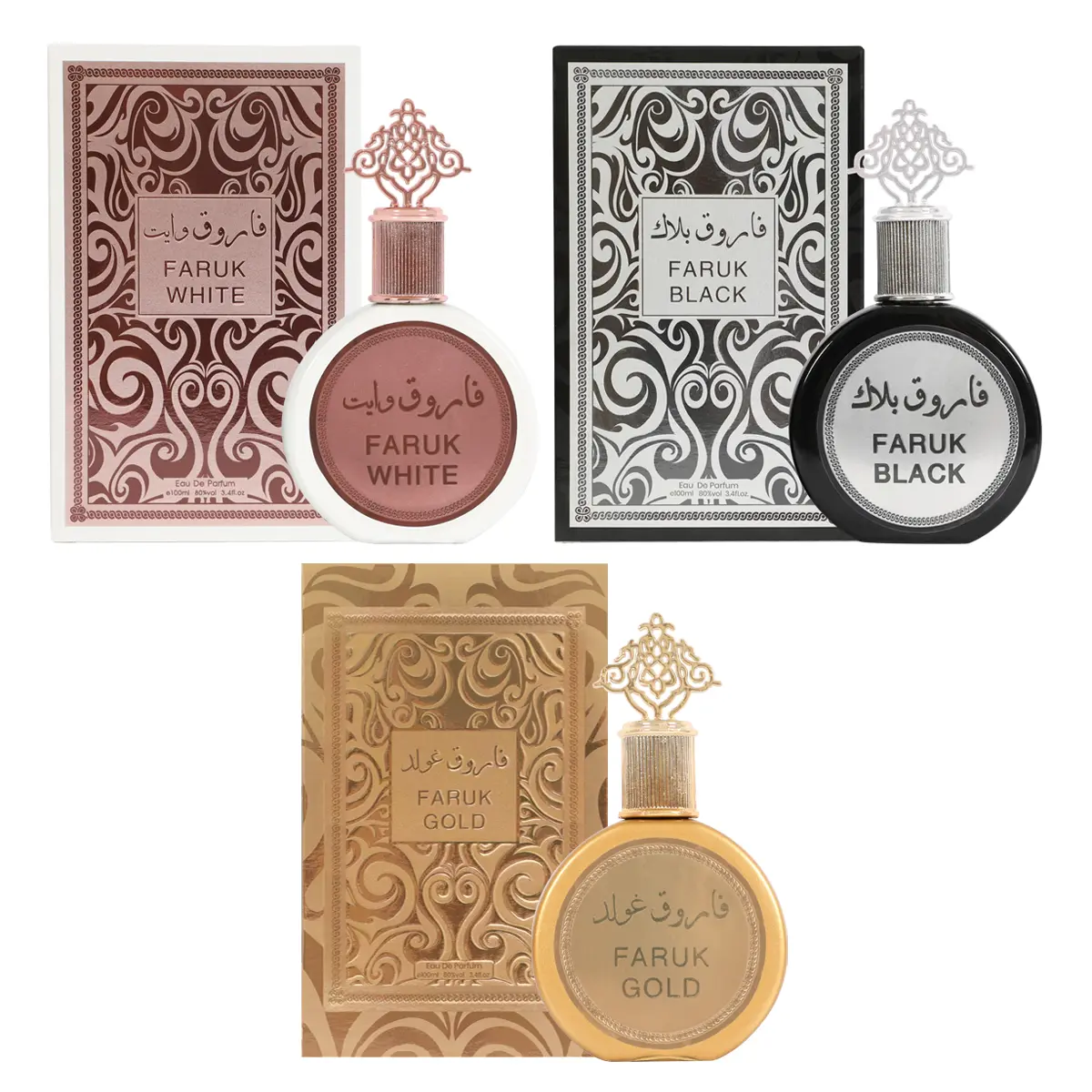 Faruk White, Black, & Gold Perfume Collection - Elegant Fragrances for Men & Women - Luxurious Aromas in Iconic Bottles