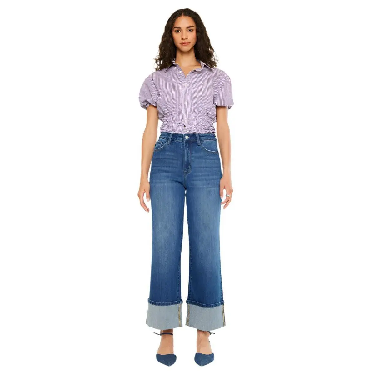 Slat Tree Kancan Delia Women's Jeans - Casual High-Rise Wide-Leg Cotton with a Bold 5" Cuff and Gap-Free Back Darts, Bottoms, Cropped, Fit, Cold Wash, Jean Pants, True Sizes, Structured, 5" Bold Single Cuff, Clothes, Ankle Length, All Seasons, Aesthetic,,