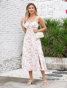 Women's Floral Print Tie-Up Sleeveless Slit Thigh Dress, Casual Fashion Off-The-Shoulder A-Line Milkmaid Dress, Suitable for Spring and Summer, Beach Vacation