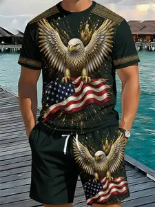Men's 3D Digital Printed Two-Piece Set, Black Gold Ink Splash Eagle Pattern, 2Pcs, Trendy Fashion Outfit, Retro Casual Two-Piece Suit, Vacation-Style Trendy Wear, Breathable Sports Casual Style, Perfect Festival Gift for Men