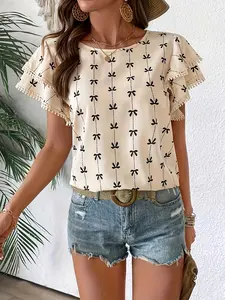 Summer New Knit Round Neck Snowflake Top Women, Fashion Trendy Print Short Sleeve Blouse, Casual Stylish Clothing
