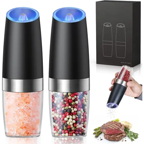 MIUVA 2-Piece Ceramic Gravity Electric Salt Pepper Shaker Set - 6oz Transparent Kitchenware, Battery-Powered, Adjustable Roughness, Blue LED Light, Flip-to-Grind Hands-Free Seasoning Spice Grinders