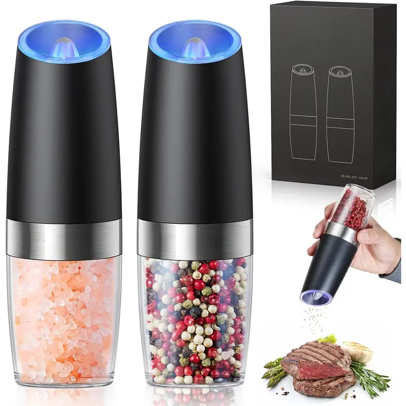 MIUVA 2-Piece Ceramic Gravity Electric Salt Pepper Shaker Set - 6oz Transparent Kitchenware, Battery-Powered, Adjustable Roughness, Blue LED Light, Flip-to-Grind Hands-Free Seasoning Spice Grinders