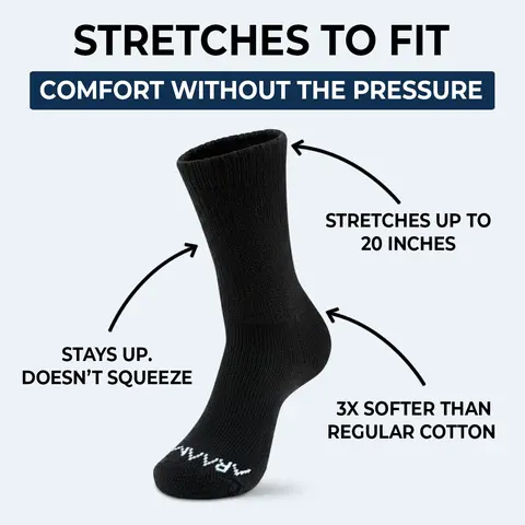 Araam ComfortFlex Crew Socks - Pure Cotton Basic Comfy Soft Sports Socks, Lightweight, Stretchy Fit, Extra-Stretch, Non-Binding, Seamless Toe, Breathable Fabric, All-Day Comfort for Sensitive & Swollen Feet