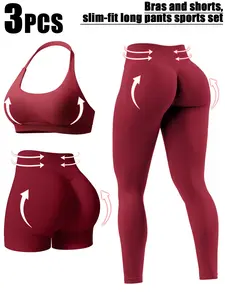 Three-Piece Quick-Dry Running Shorts Set, High Elasticity Seamless Sports Bra with Removable Pads, Above the Knee Workout, Solid Sportswear Set, Workout Sets Women, Workout Running Outfits, Athletic Fashion Activewear