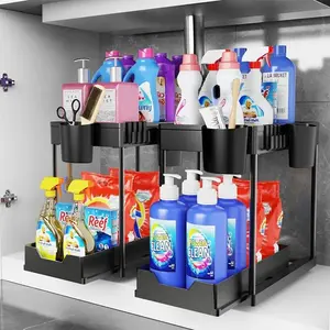 Under Sink Organizer, 2 Sets Double Layer Under Sliding Kitchen Cabinet Basket Organizer with Hooks, Multi-purpose Under Sink Shelf Organizer for Kitchen Bathroom
