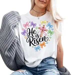 Easter Cross T-Shirt He Is Risen Bible Verse Religious Floral Design Tee Cotton Classic Fit Crew Neck Short Sleeves Breathable Casual Top Womenswear Womenswear