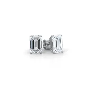 Javda Lab Diamond 14K White Gold Emerald Studs Earring with Push Back for Women - IGI Certified 4.03 Ctw.
