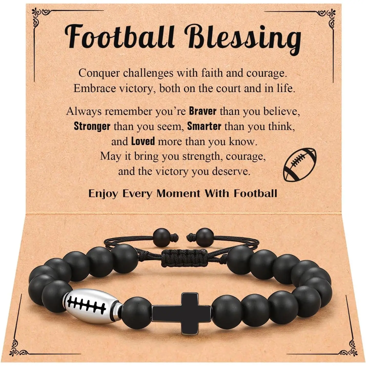 Boys' Football Cross Bracelet with 8mm Black Agate Beads, Adjustable 5.5"-10" Sports Jewelry, Birthday Gift for Son, Grandson, Male, Adjustable From 5.5" To 10", Natural Stones, Cross Charm