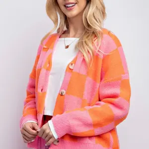 Easel Orange and Pink Check Cardigan