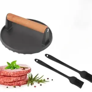 Cast Iron Hamburger Press with Wooden Handle, Round Non-stick Hamburger Press, Barbecue Utensils for Home Kitchen Outdoor Camping