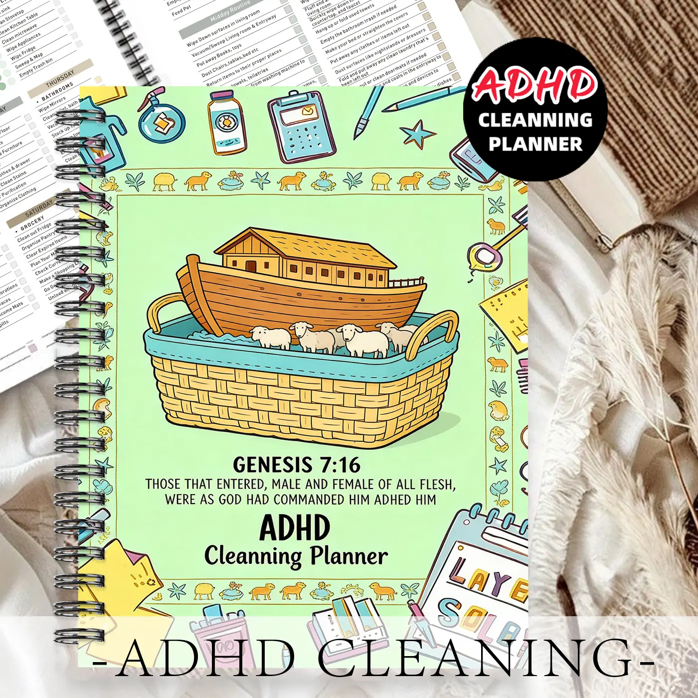 1pc ADHD Cleaning Planner Themed Subject Notebook, Fun Partition Style - Alpacas, Woven Baskets, and Animal Patterns. Plan Cleaning Tasks By Sections. Sectioned Cleaning Notebook, Task Breakdown Notebook. Organized Arrangement. 5.5x8.3 Inch Notebook
