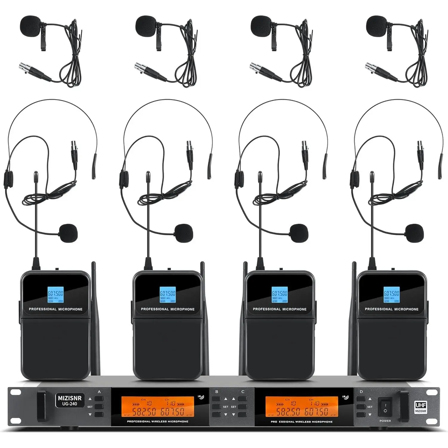 4-Channel UHF Wireless Lapel Headset Audio Microphone System (UG-240) - Metal Receiver, 4 Bodypacks, 4x100 Adjustable Frequencies, 300ft Range, XLR/TRS Multiple Outputs for Church, Karaoke