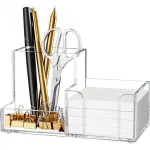 HBlife Acrylic Pen Holder for Desk, 3-Compartment Small Desk Organizer, Clear Office Supplies Desk Accessories with Sticky Notes Holder Stores Post It Notes 3X3 for Office, Home and School