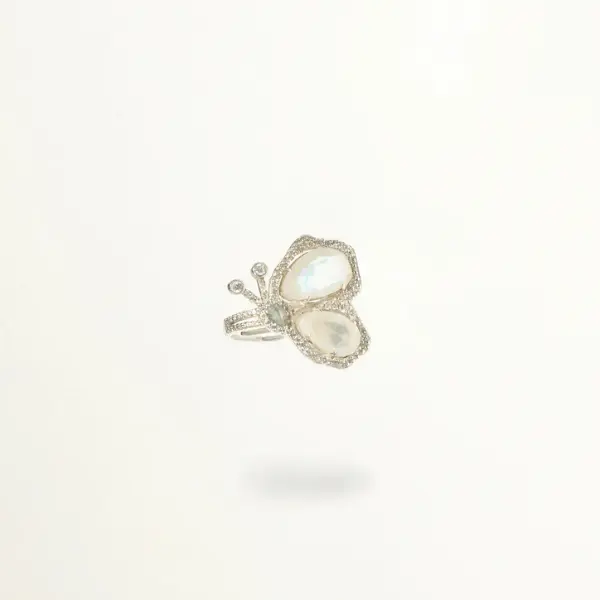 Ethereal Gemstone Ring - Butterfly Design, Rainbow Moonstone, Labradorite Accent