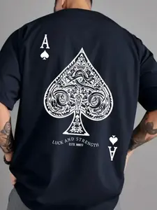 Men's Summer Casual Short Sleeve Round Neck T-Shirt, Poker Ace Graphic Letter Print, Soft Breathable Fabric, Streetwear Top