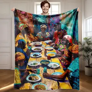 1 piece Oil painting of a traditional African family gathering meal scene themed flannel blanket - Modern-style flannel blanket, suitable for sofas and beds, all-season use, super soft and comfortable, digital printing, 100% polyester material